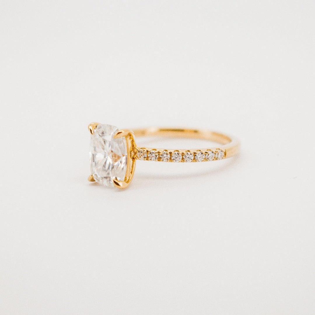 Beautiful 14 Karat Solid Gold Cushion Cut Diamond Ring with Pave Band from Boujee Ice