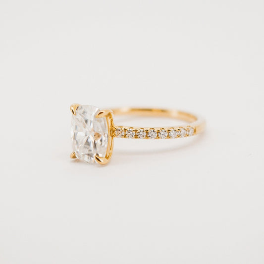 Beautiful 14 Karat Solid Gold Cushion Cut Diamond Ring with Pave Band from Boujee Ice