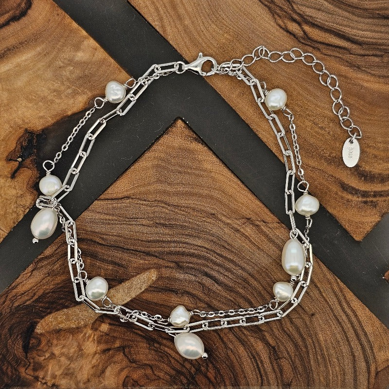 Double Layered Sterling Silver Pearl Anklet by Boujee Ice