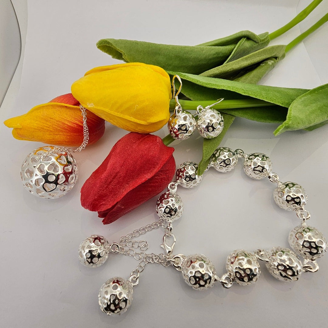 Sterling Silver Hollow Ball Earrings Bracelet Necklace Set