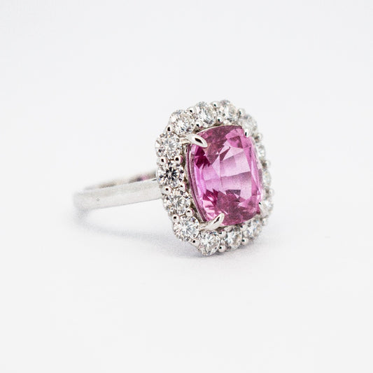 Beautiful Lab Created 3 Carat Pink Saphire with a Halo of Diamonds from Boujee Ice