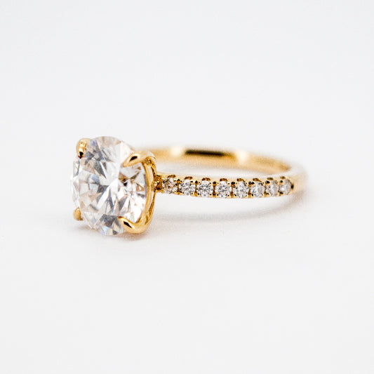 Fabulous 3 Carat Round Cut Solid Gold Diamond Ring with a Diamond Pave Band from Boujee Ice