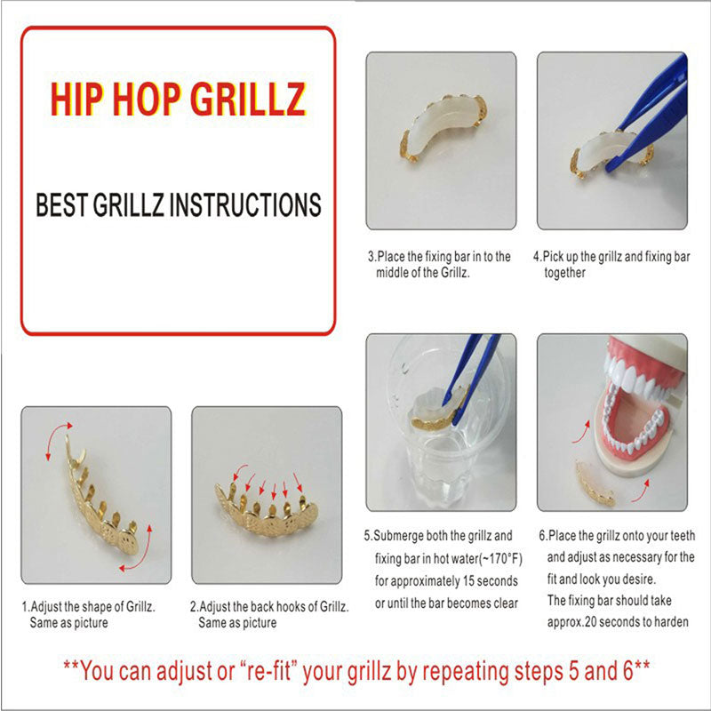 Hip Hop Rock Rapper Teeth Top patterned & Bottom plain Gold Grillz with instructions from Boujee Ice