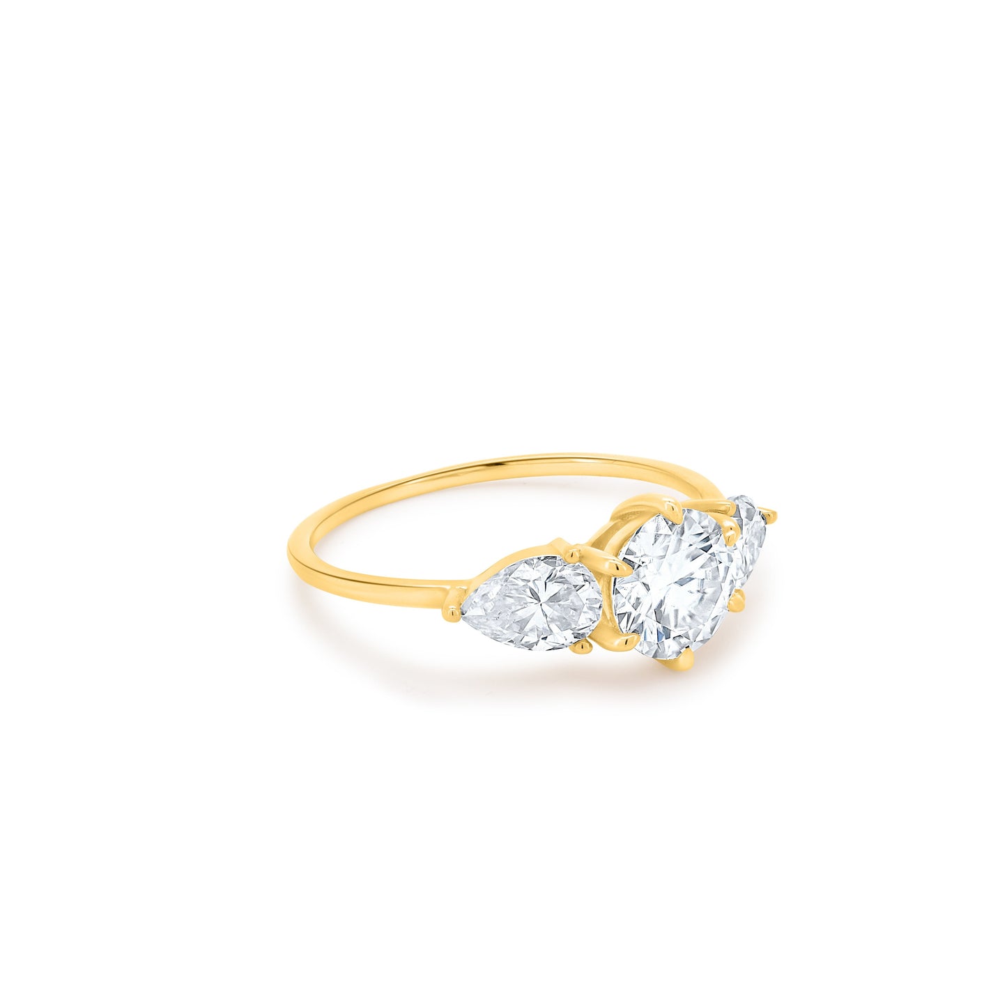 Halo Set 3 Stone Round Diamond with Pear Cut Side Diamonds in Solid Gold