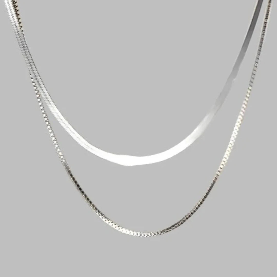 Sterling Silver Double layer Box and Snake Chain Necklace from Boujee Ice