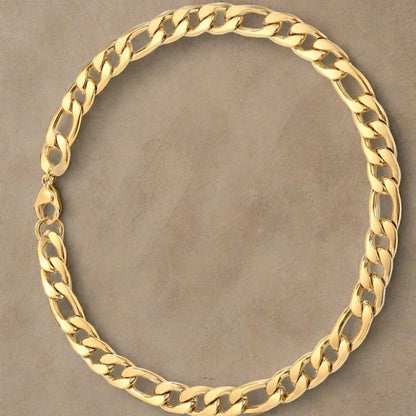 Strong Durable Stainless Steel Figaro Chain Necklace Coated in 14 Karat Gold. 10mm wide by Boujee Ice