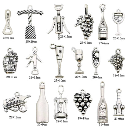 Mixed Wine Grape Cocktail Glass Wine Opener Charms for Jewellery Making (17pc)