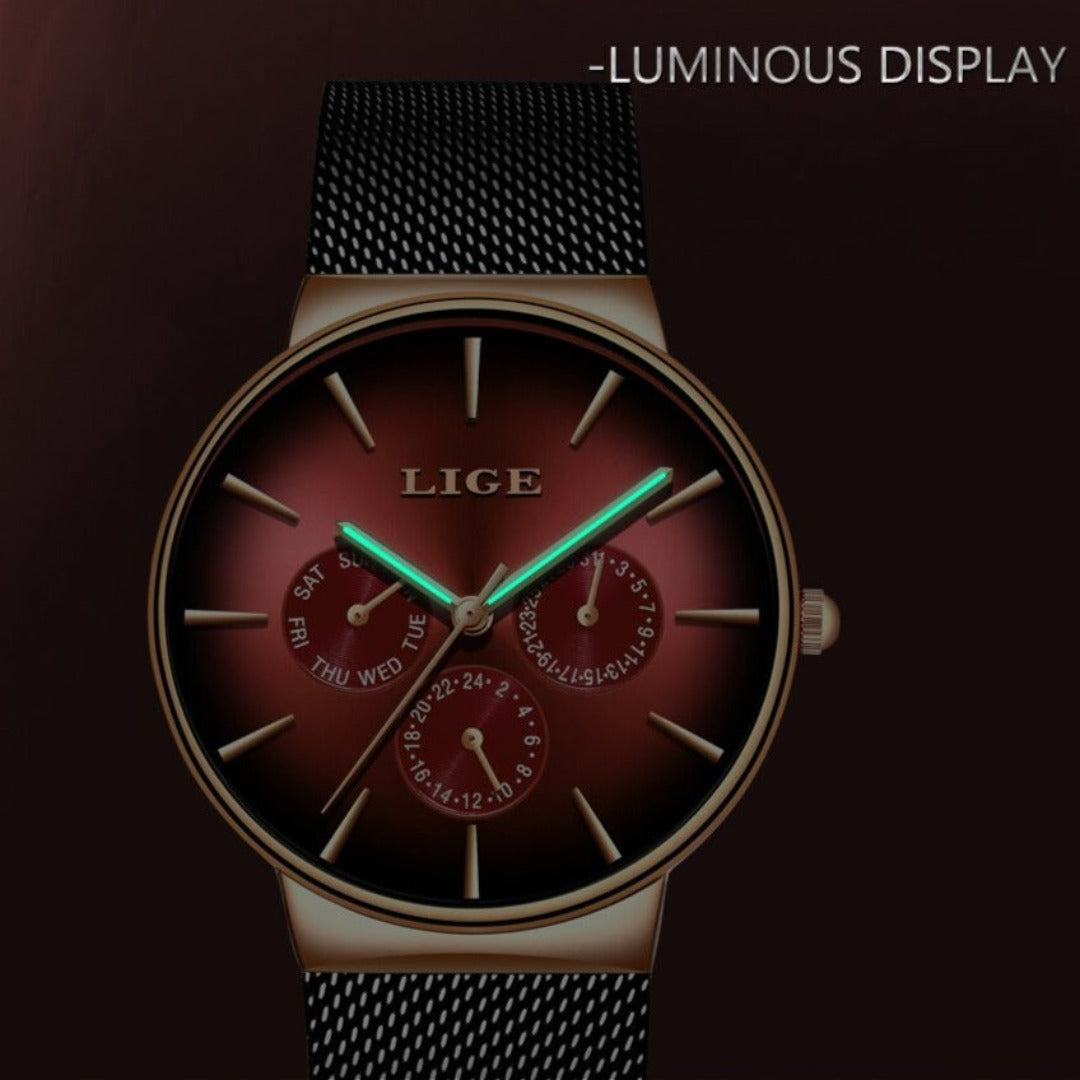 Top Brand LIGE Luxury Ultra-Thin Unisex Quartz Watch in Red Green or Blue