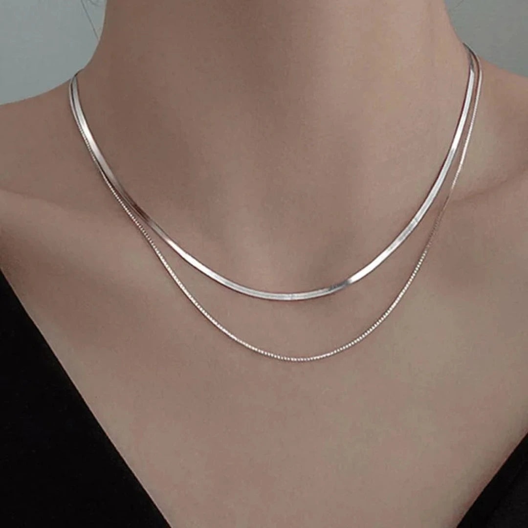 Sterling Silver Double layer Box and Snake Chain Necklace from Boujee Ice