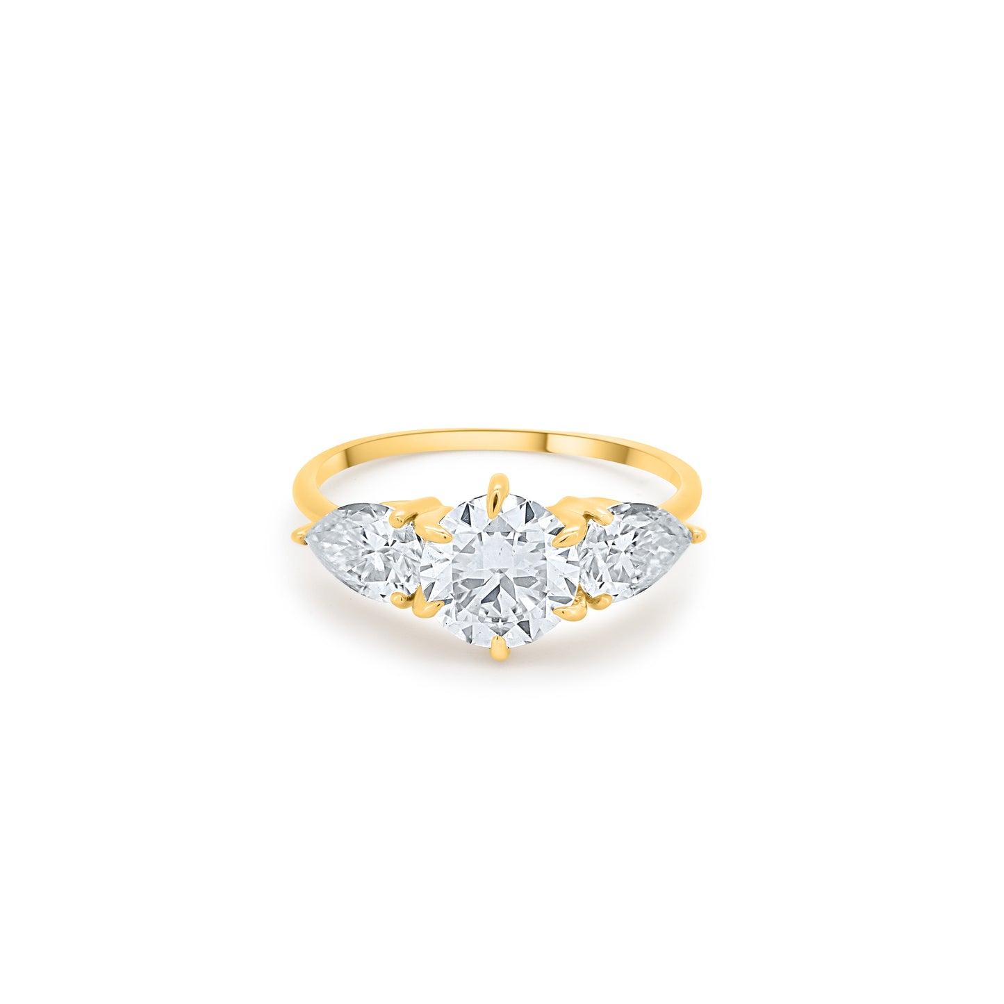 Halo Set 3 Stone Round Diamond with Pear Cut Side Diamonds in Solid Gold 