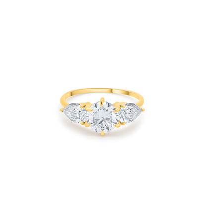 Halo Set 3 Stone Round Diamond with Pear Cut Side Diamonds in Solid Gold 