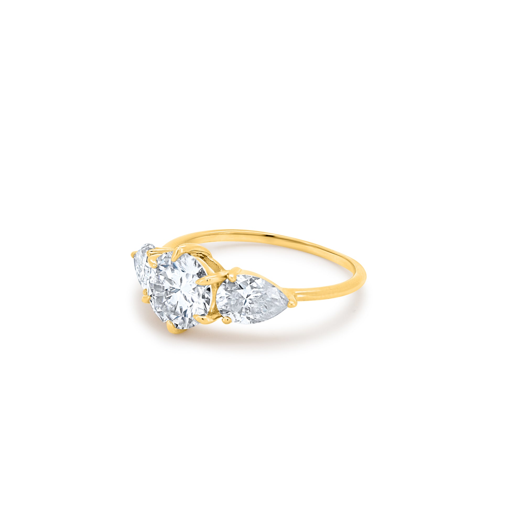 Halo Set 3 Stone Round Diamond with Pear Cut Side Diamonds in Solid Gold